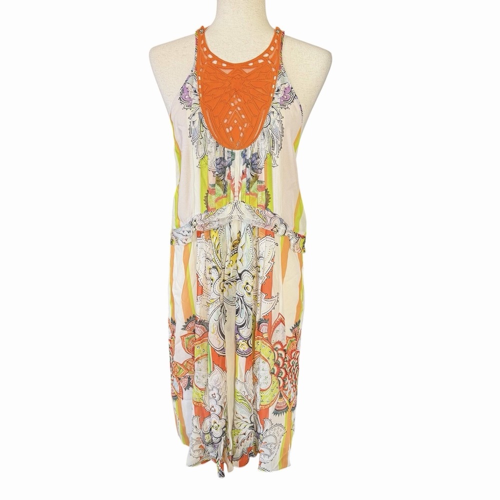 Roberto Cavalli Silk Halter Dress US 6/ 42 Mixed Print Crochet Bib Euro-Summer